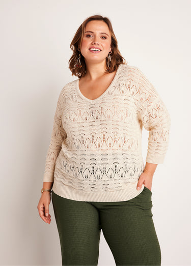 Pull manches 3/4 motif ajouré col V Ficelle