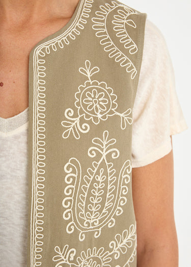 Gilet sans manches brodé style scandinave Kaki