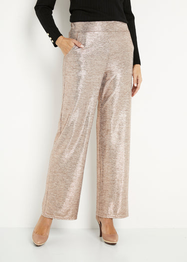Pantalon large taille élastiquée maille brillante Cuivre