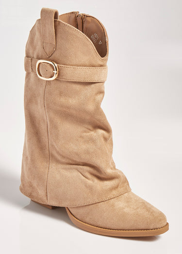 Bottes froissées à talon style cow girl Beige