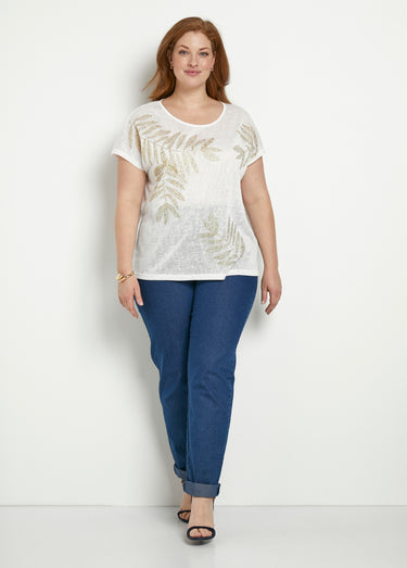 T-shirt col rond maille flammée motif doré Blanc