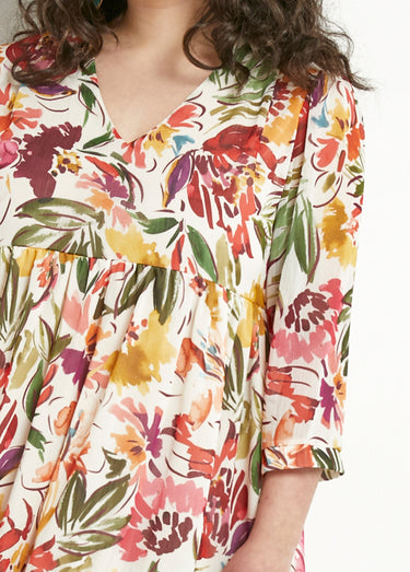 Robe courte volantée col V voile fleuri Multicolore