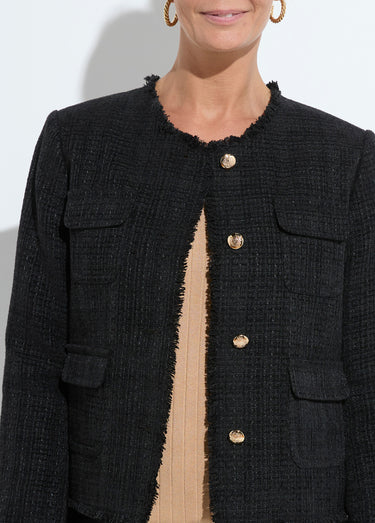 Veste tweed boutonnée frangée sans col Noir