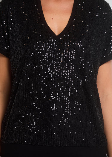 T-shirt col V en résille avec sequins Noir Uni
