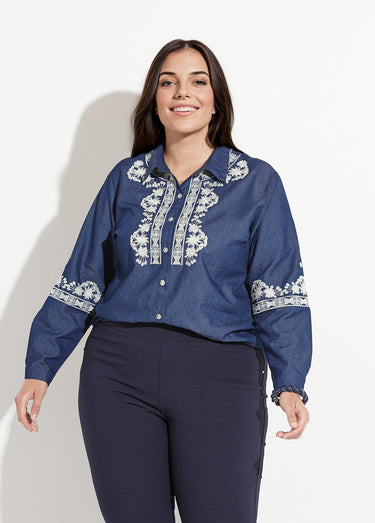 Chemisier denim broderies contrastantes Bleu Jean