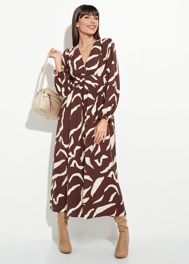 Robe longue imprimée taille plissée col V Marron