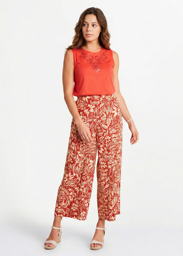 Pantalon large taille élastiquée fleuri ou uni Tomette/Ecru