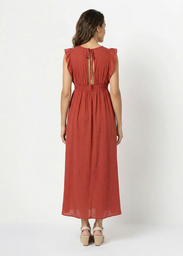 Robe longue encolure V + dos nu et liens Brique