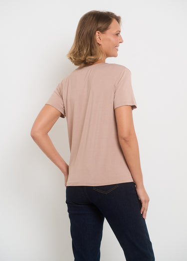 T-shirt fluide col V manches courtes Taupe