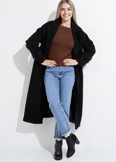 Manteau long chic façon drap de laine Noir