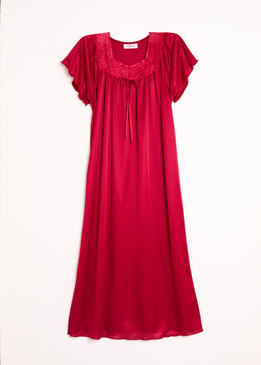 Chemise de nuit satinée longue antistatique dentelle Rubis