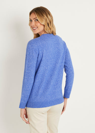Pull chiné court col rond avec laine Bleu