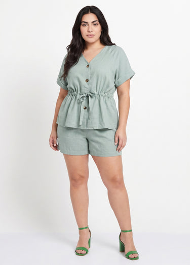 Short large élastiqué avec lin Vert