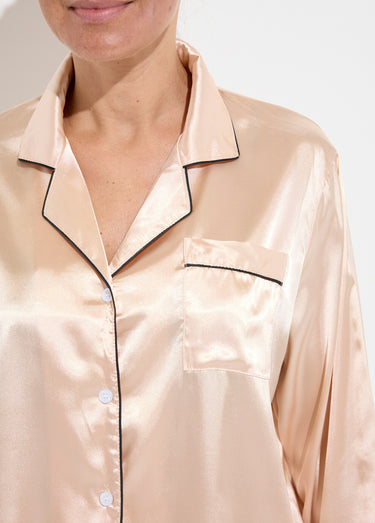 Pyjama long satin passepoil contrastant Beige