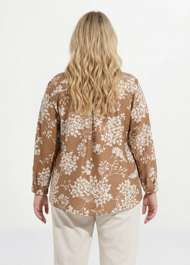 Tunique col tunisien motif hortensias Ecru/Camel