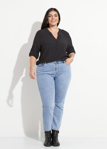 Blouse col V unie à manches longues Noir