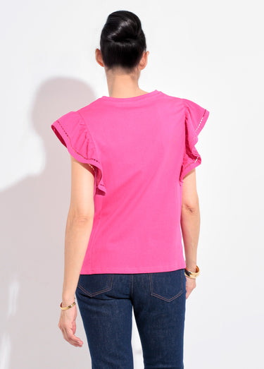 T-shirt manches courtes volantées ajourées Fuchsia