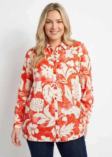 Chemisier ample long fleuri Rouge/Blanc