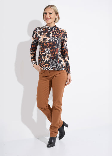 T-shirt col montant motif animalier maille chaude Noir/Orange