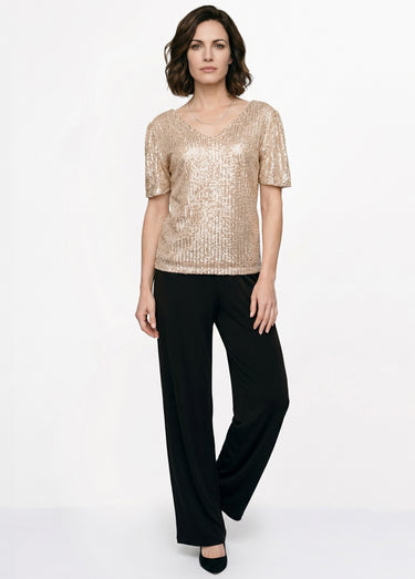 T-shirt sequins, col V devant et dos Beige Dore