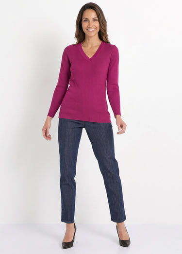 Pull fin uni maille côtelée col V Cyclamen