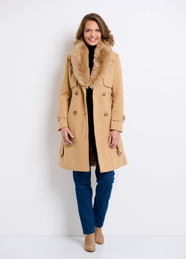 Manteau col fausse fourrure toucher laineux Beige
