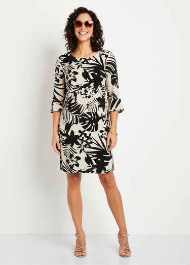 Robe droite courte fleurie fluide Noir/Beige