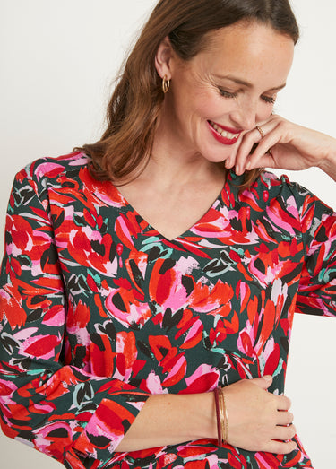 Robe droite courte fleurie manches 3/4 Vert/Orange