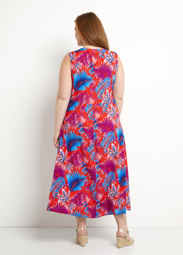 Robe longue sans manches évasée imprimé feuillage Rouge/Bleu