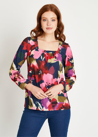 T-shirt évasé long col carré imprimé Marine/Rose