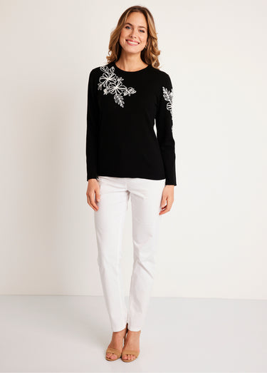 Pull fin brodé Noir / Blanc