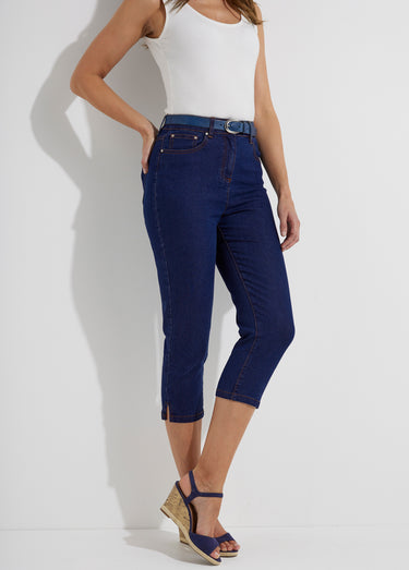 Pantacourt ceinture extensible en jean Indigo