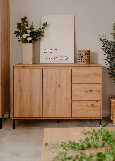 PLOCK Buffet décor chêne 3 tiroirs + 2 portes Bois Clair