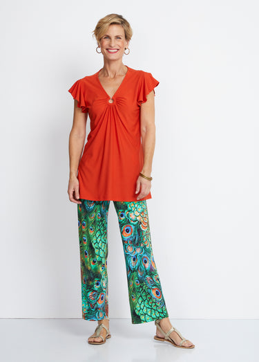Tee-shirt long col V effet drapé Orange