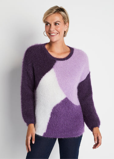 Pull doux colorblock maille poilue Cassis/Ecru