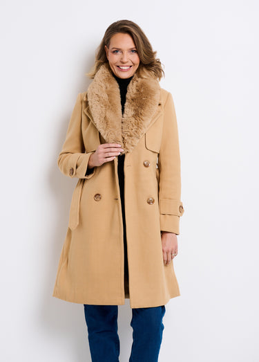 Manteau col fausse fourrure toucher laineux Beige