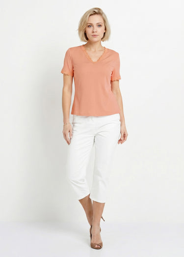 T-shirt col V fines côtes dentelle manches courtes Saumon