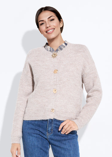 Gilet col rond avec laine, boutons métal Beige
