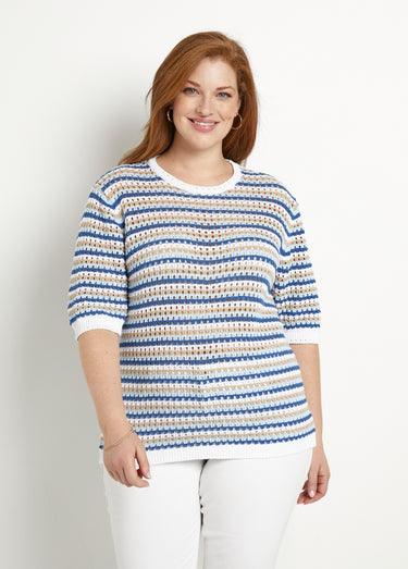 Pull doux rayé ajouré court manches courtes Raye Bleu
