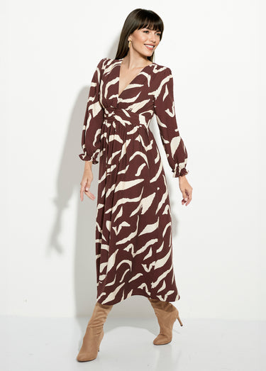 Robe longue imprimée taille plissée col V Marron