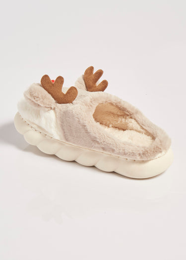 Chaussons chauds en fourrure thème Noël Beige