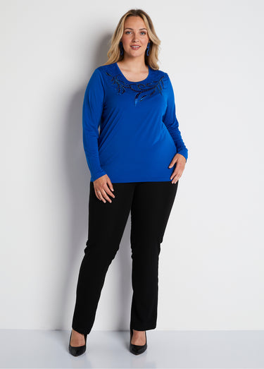 T-shirt court col rond résille brodé strass Bleu