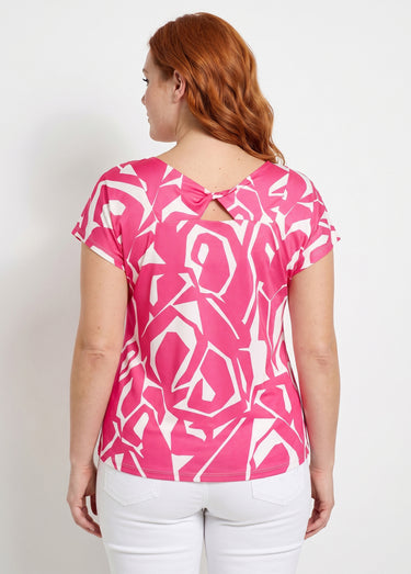 T-shirt droit court col V imprimé graphique Fuchsia/Blanc