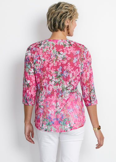 Tunique ample manches 3/4 fleurie Fond Fuchsia