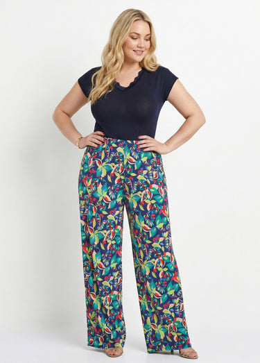 Pantalon fluide taille élastiquée maille Marine/Vert