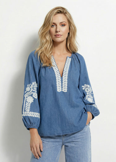 Blouse denim avec broderies fleurs Bleu Jean