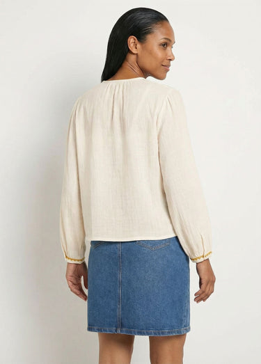 Tunique brodée ample gaze de coton boutonnée Blanc