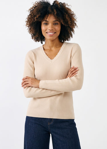Pull fin uni maille côtelée col V Beige