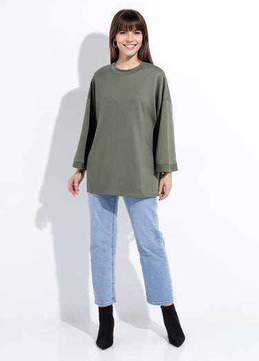 Sweat shirt large col rond, manches 3/4 Kaki
