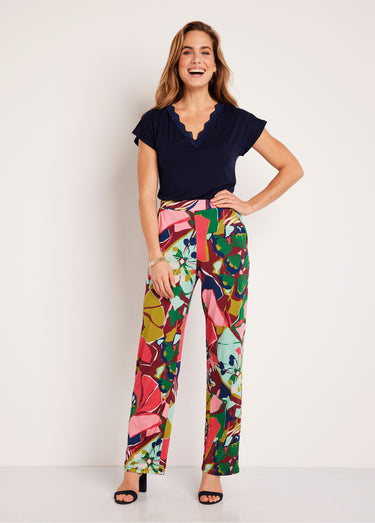 Pantalon large taille semi-élastiquée Rose/Vert